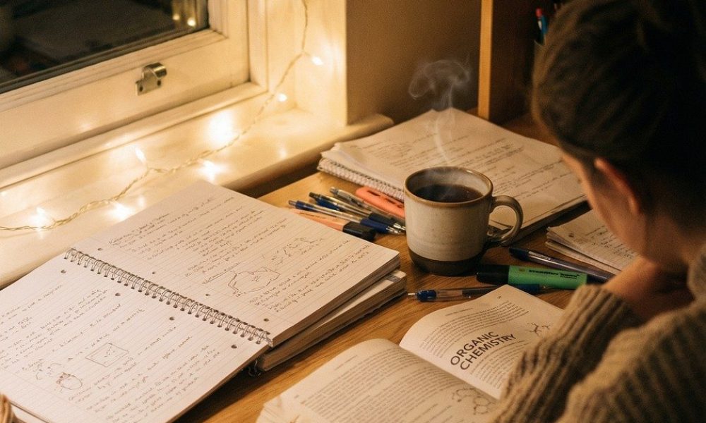 study skills, studying at night, student productivity, learning habits, study routine, academic focus, student desk, handwritten notes, exam preparation, self study, cozy study, education lifestyle, focused learning, study environment, realistic studying, warm lighting, ai generated